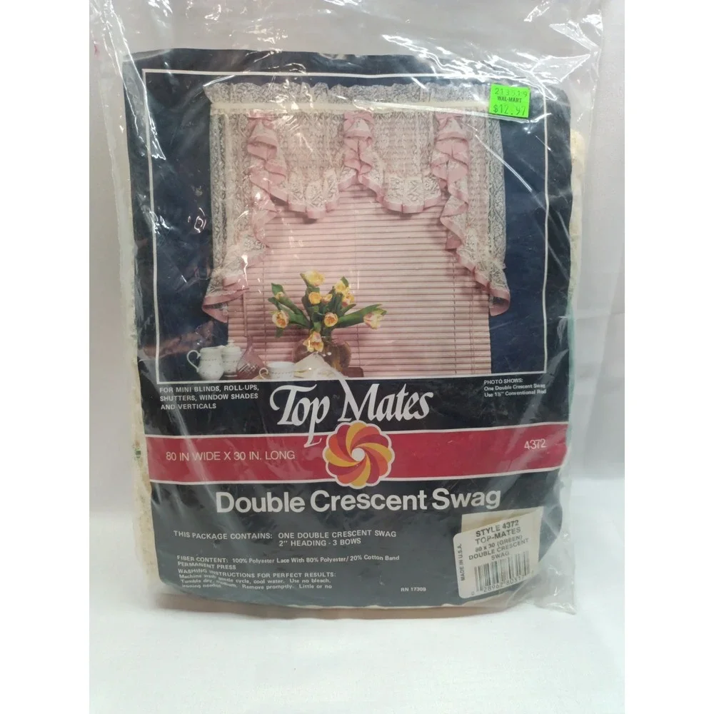 Vtg Top Mates Double Crescent Swag Valance Blue Green Knit Cottagecore 80x30in